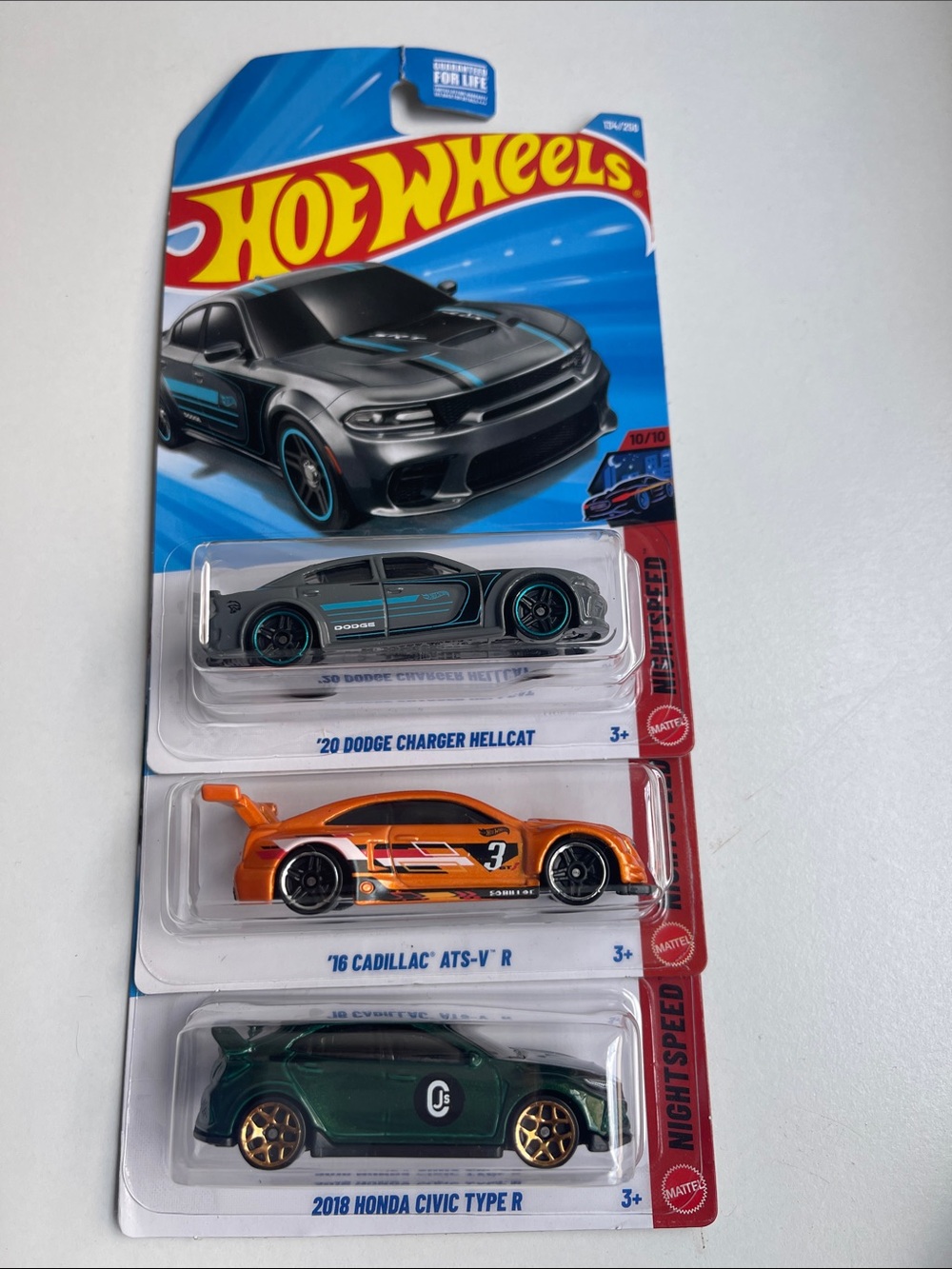 3 Night Speed Hot Wheels ‘20 Dodge Charger Hellcat, Cadillac ATS-V, Honda Civic
